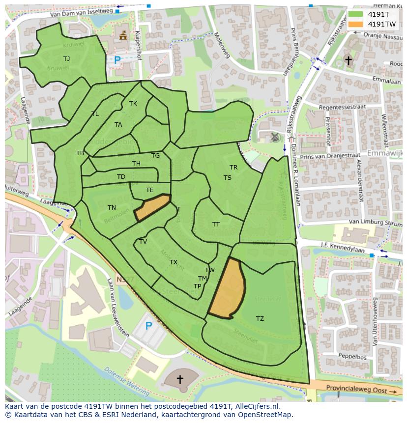 Afbeelding van het postcodegebied 4191 TW op de kaart.