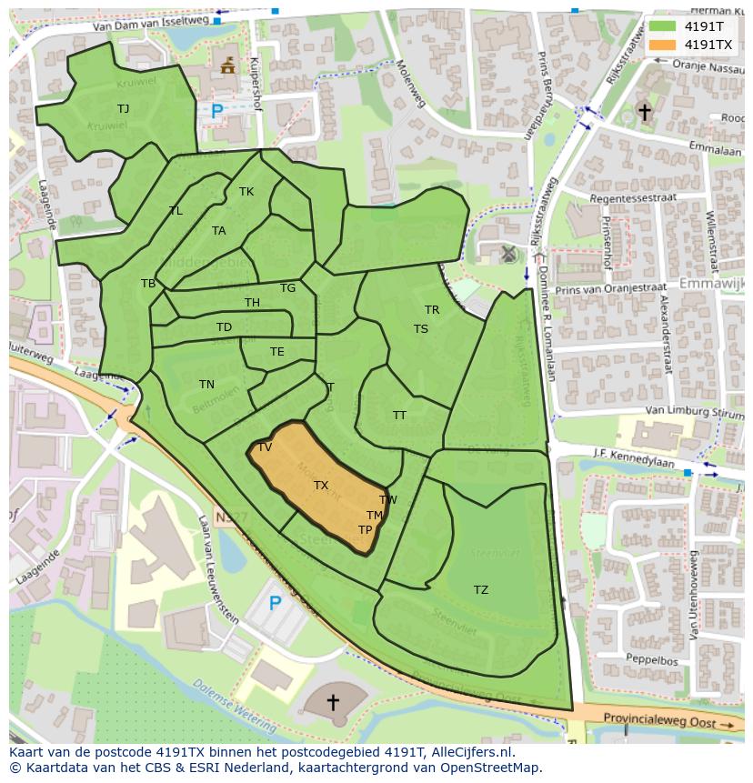 Afbeelding van het postcodegebied 4191 TX op de kaart.