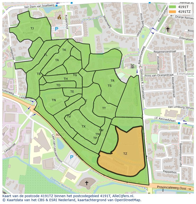 Afbeelding van het postcodegebied 4191 TZ op de kaart.