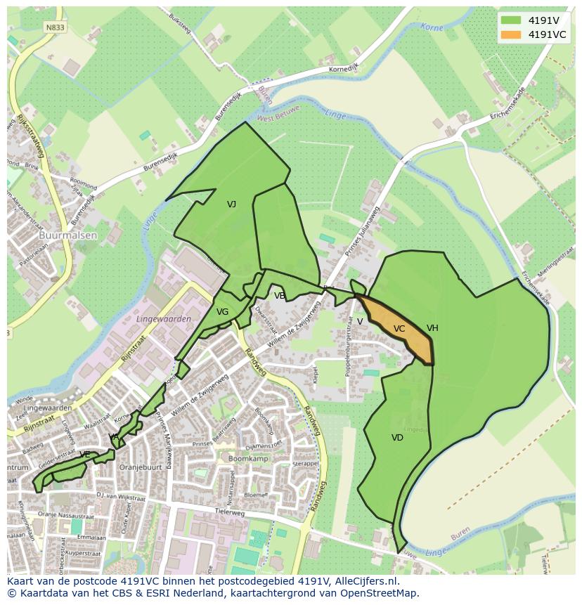 Afbeelding van het postcodegebied 4191 VC op de kaart.