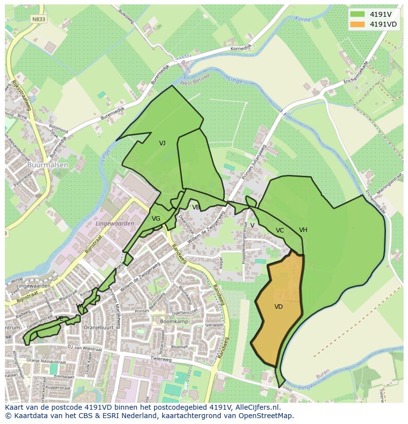 Afbeelding van het postcodegebied 4191 VD op de kaart.