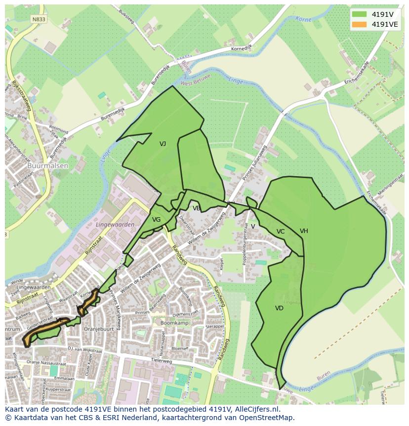 Afbeelding van het postcodegebied 4191 VE op de kaart.