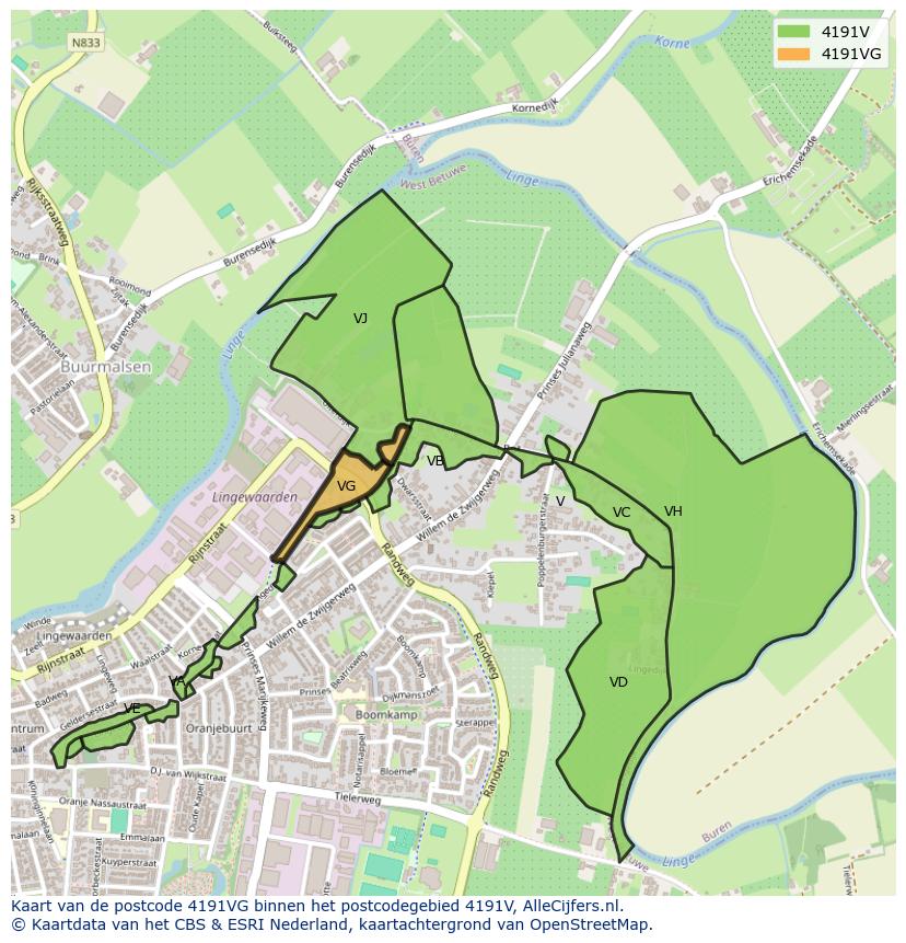 Afbeelding van het postcodegebied 4191 VG op de kaart.