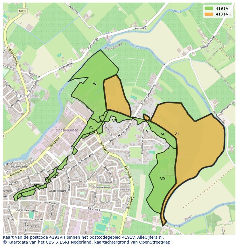 Afbeelding van het postcodegebied 4191 VH op de kaart.