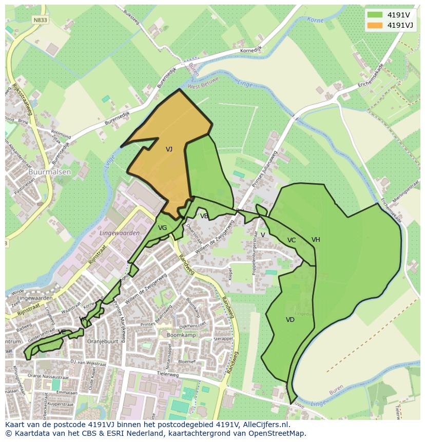 Afbeelding van het postcodegebied 4191 VJ op de kaart.