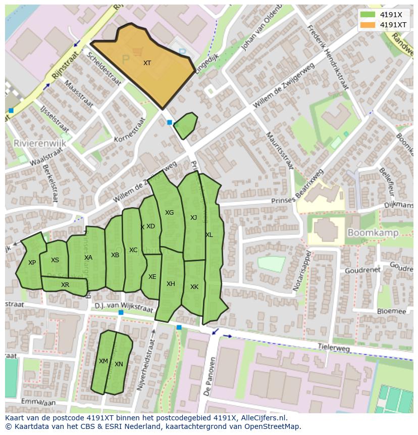Afbeelding van het postcodegebied 4191 XT op de kaart.