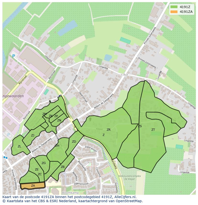 Afbeelding van het postcodegebied 4191 ZA op de kaart.