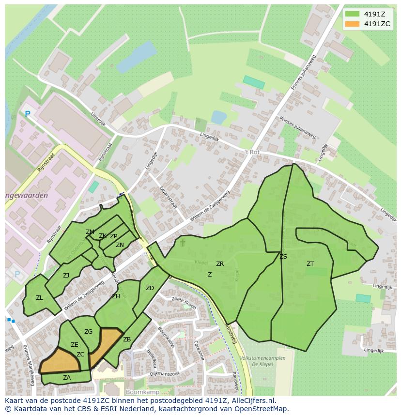 Afbeelding van het postcodegebied 4191 ZC op de kaart.