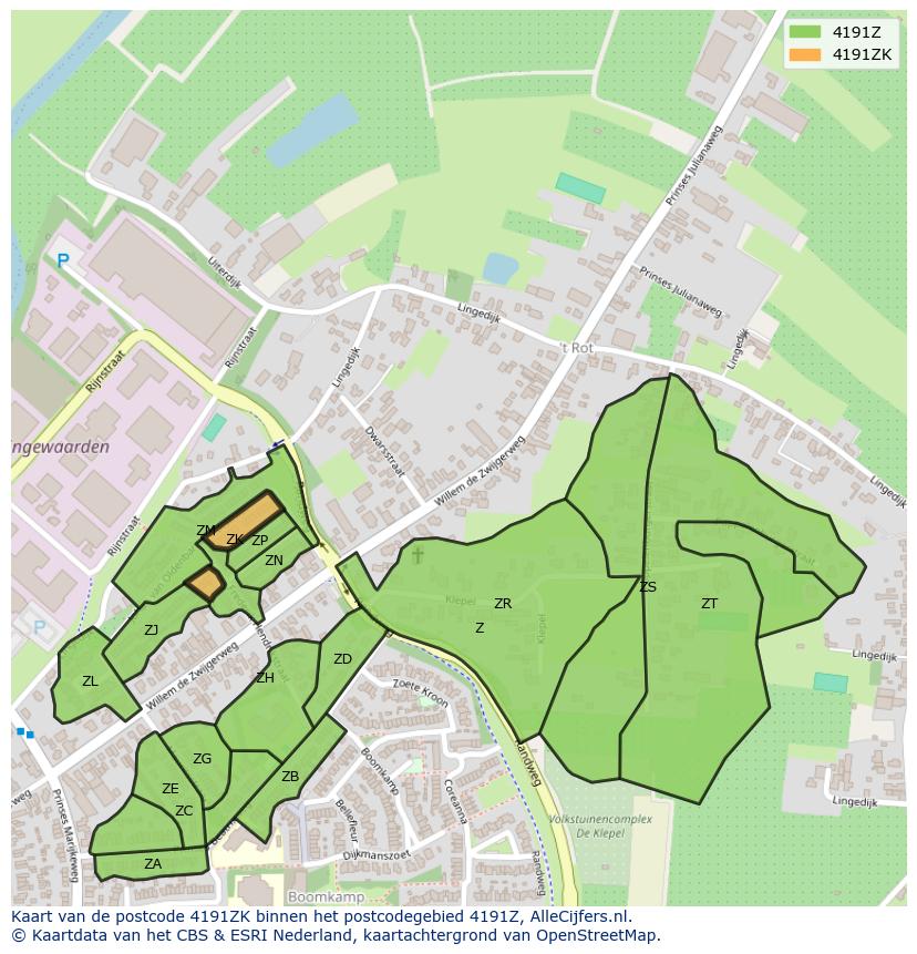 Afbeelding van het postcodegebied 4191 ZK op de kaart.