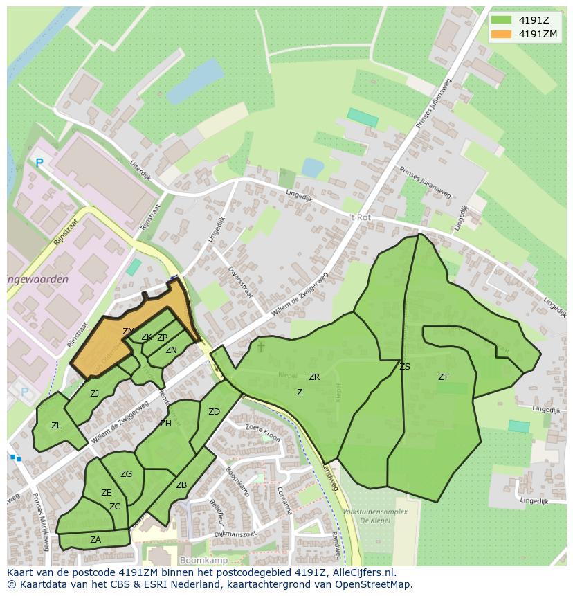 Afbeelding van het postcodegebied 4191 ZM op de kaart.