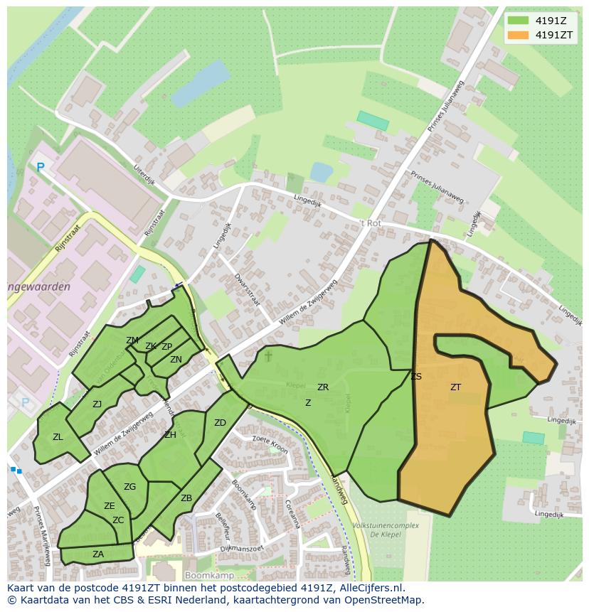 Afbeelding van het postcodegebied 4191 ZT op de kaart.