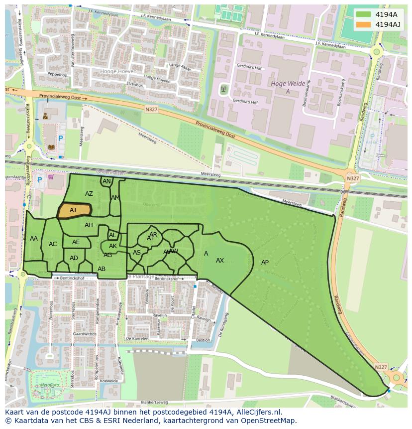 Afbeelding van het postcodegebied 4194 AJ op de kaart.