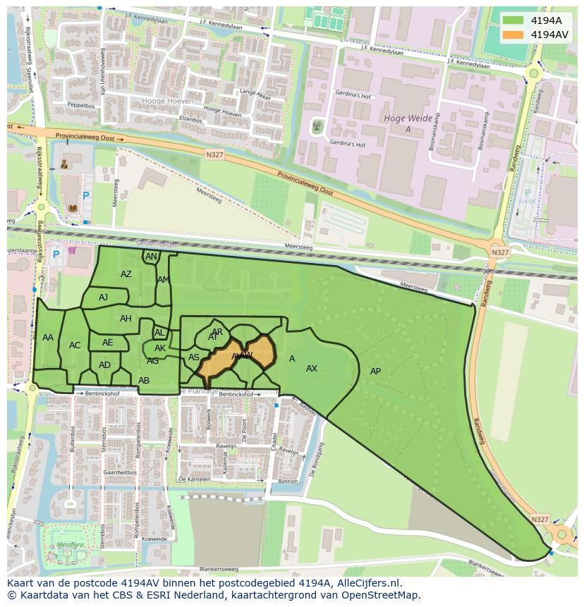 Afbeelding van het postcodegebied 4194 AV op de kaart.