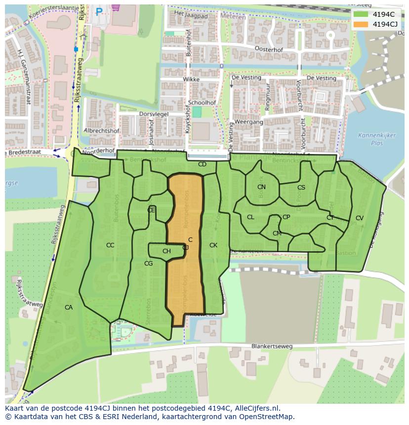 Afbeelding van het postcodegebied 4194 CJ op de kaart.