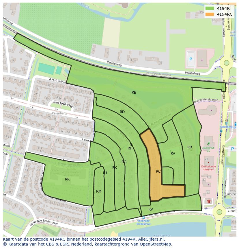 Afbeelding van het postcodegebied 4194 RC op de kaart.