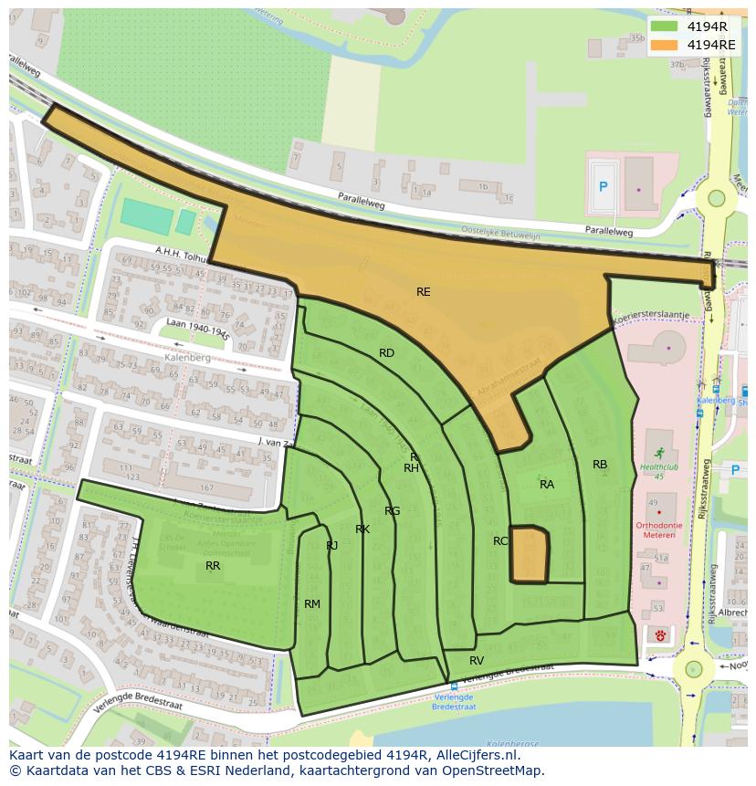 Afbeelding van het postcodegebied 4194 RE op de kaart.