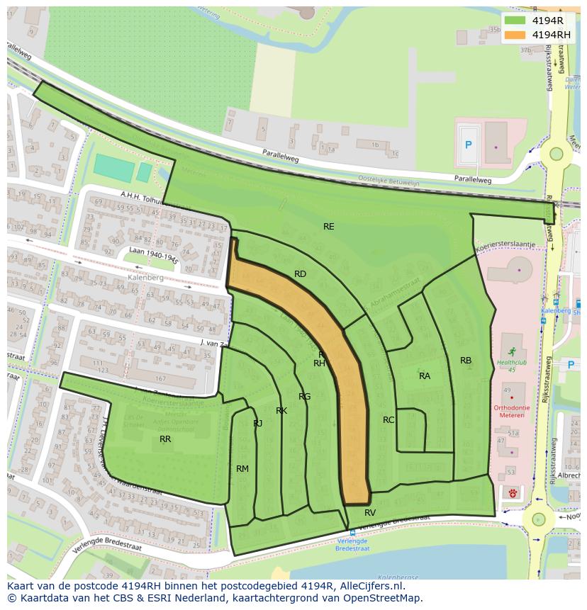 Afbeelding van het postcodegebied 4194 RH op de kaart.