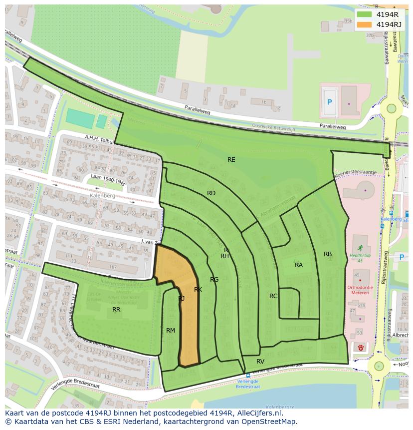 Afbeelding van het postcodegebied 4194 RJ op de kaart.