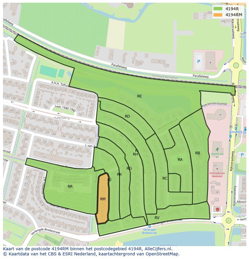 Afbeelding van het postcodegebied 4194 RM op de kaart.