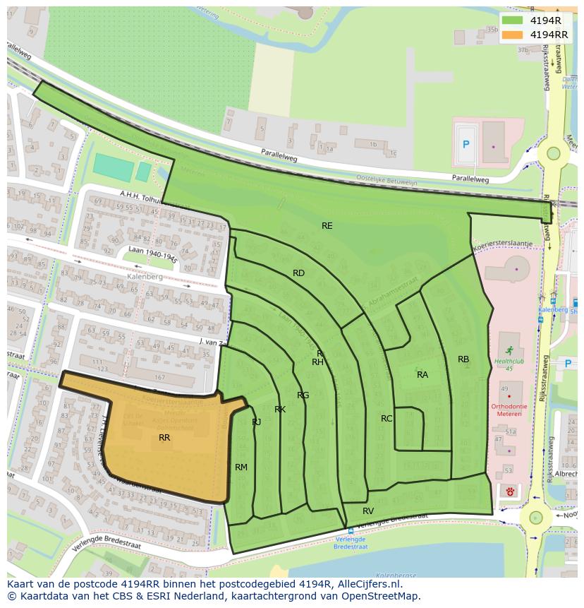 Afbeelding van het postcodegebied 4194 RR op de kaart.