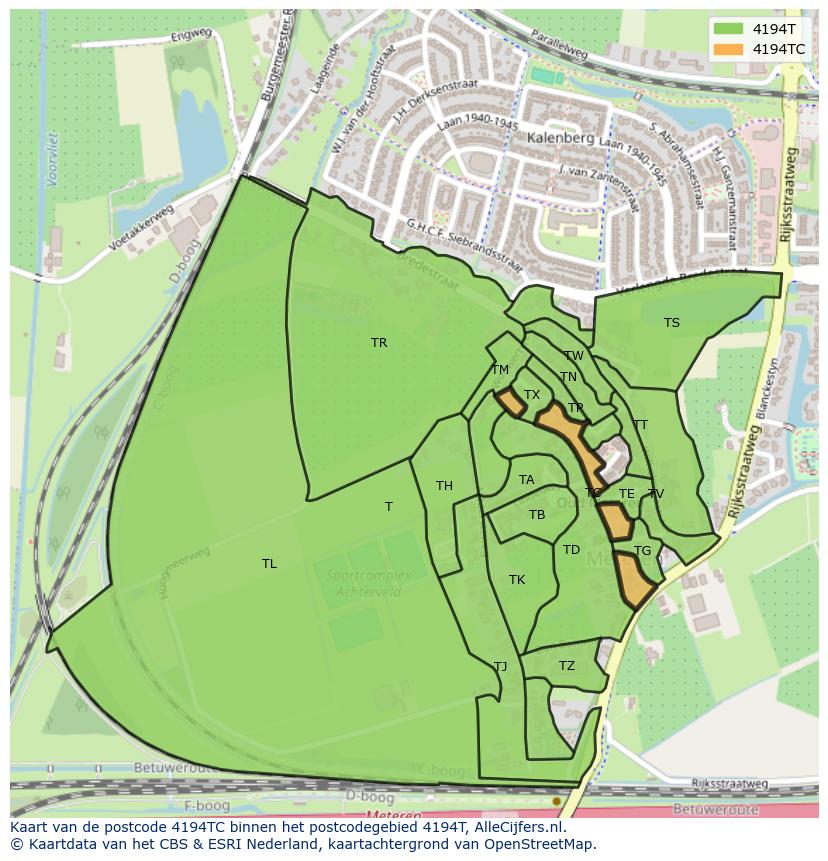 Afbeelding van het postcodegebied 4194 TC op de kaart.
