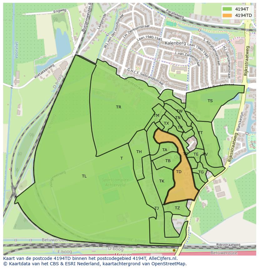 Afbeelding van het postcodegebied 4194 TD op de kaart.