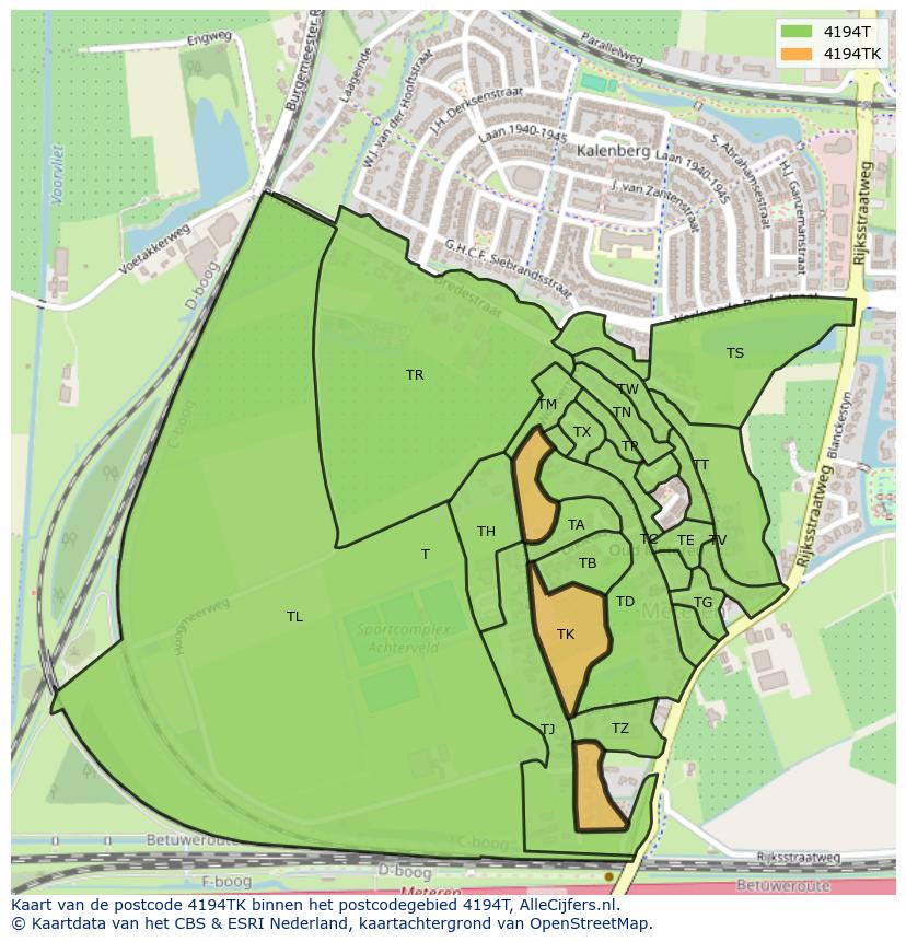 Afbeelding van het postcodegebied 4194 TK op de kaart.