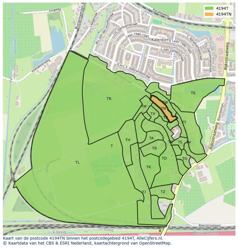 Afbeelding van het postcodegebied 4194 TN op de kaart.