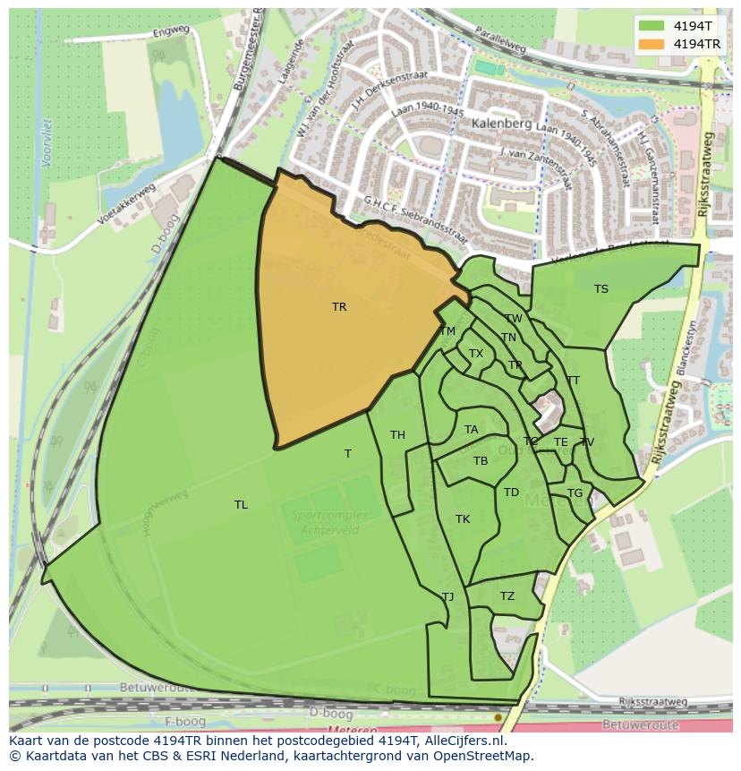 Afbeelding van het postcodegebied 4194 TR op de kaart.