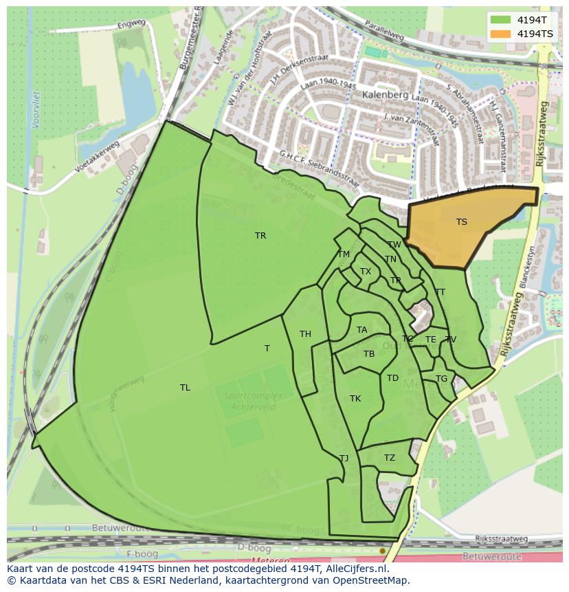 Afbeelding van het postcodegebied 4194 TS op de kaart.