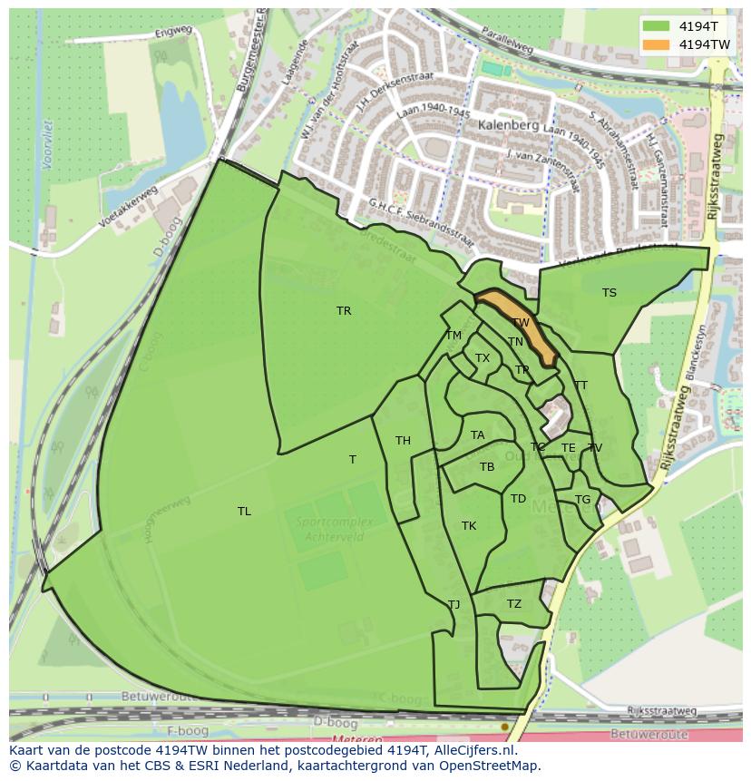 Afbeelding van het postcodegebied 4194 TW op de kaart.