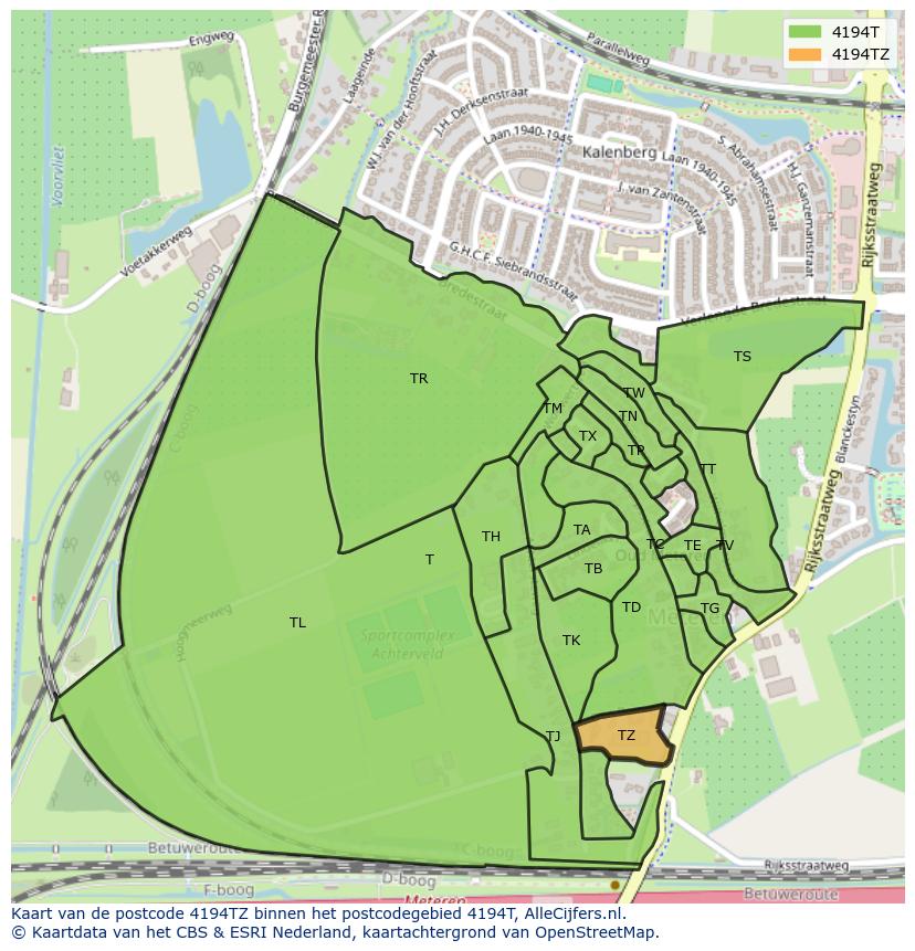 Afbeelding van het postcodegebied 4194 TZ op de kaart.