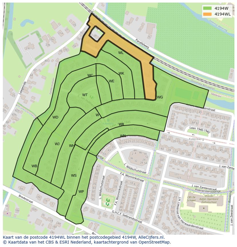Afbeelding van het postcodegebied 4194 WL op de kaart.