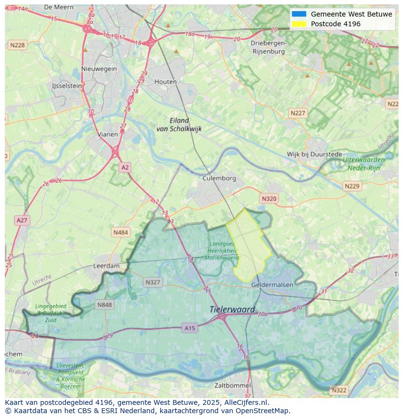 Afbeelding van het postcodegebied 4196 op de kaart.