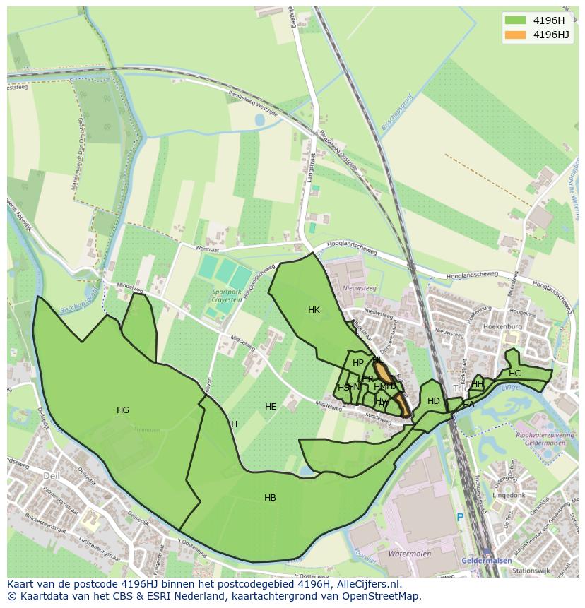 Afbeelding van het postcodegebied 4196 HJ op de kaart.