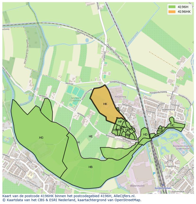 Afbeelding van het postcodegebied 4196 HK op de kaart.