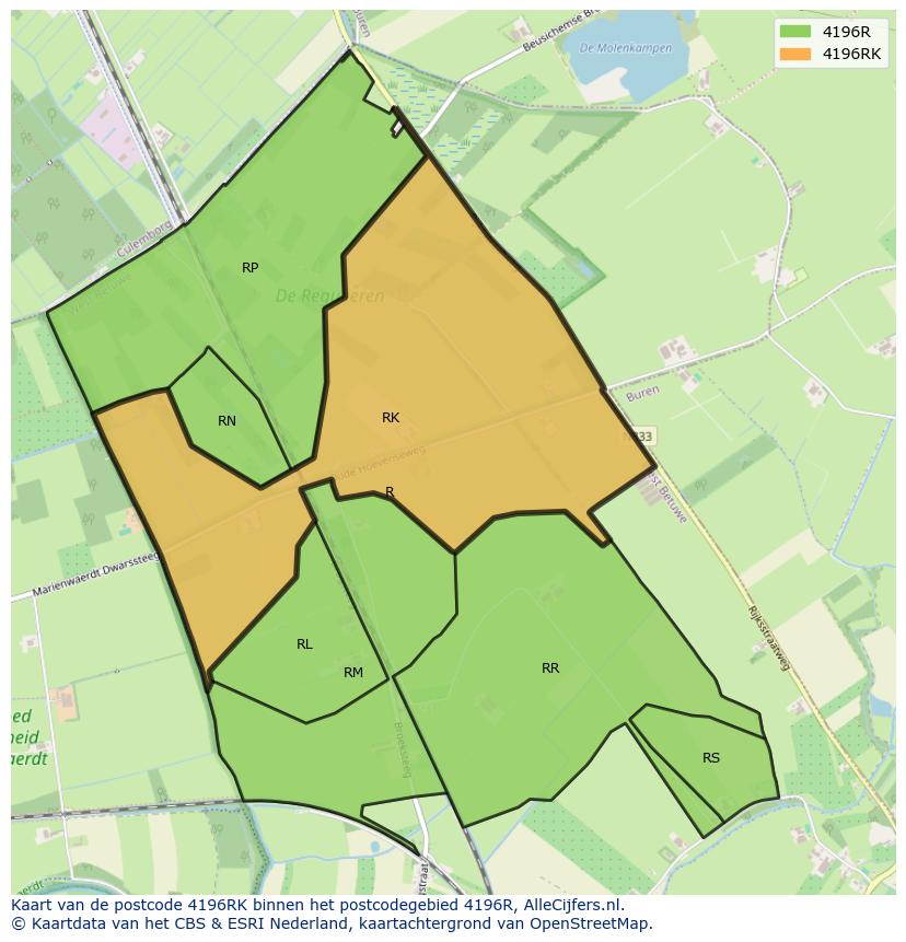 Afbeelding van het postcodegebied 4196 RK op de kaart.