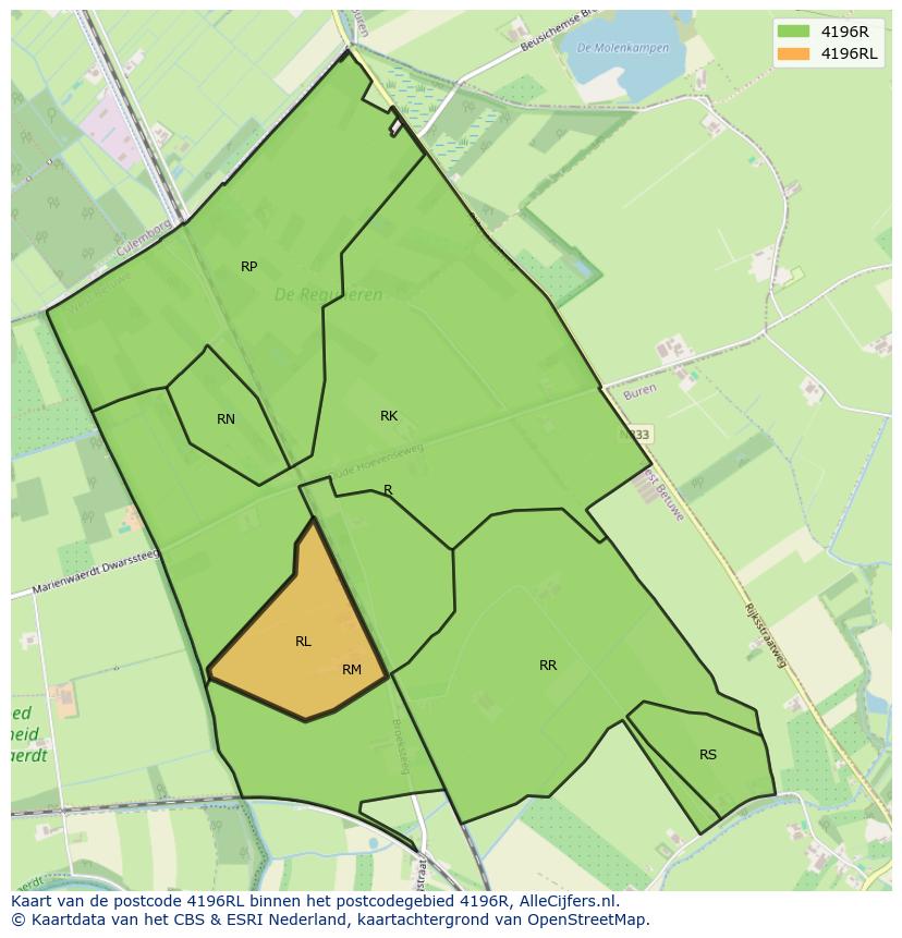 Afbeelding van het postcodegebied 4196 RL op de kaart.