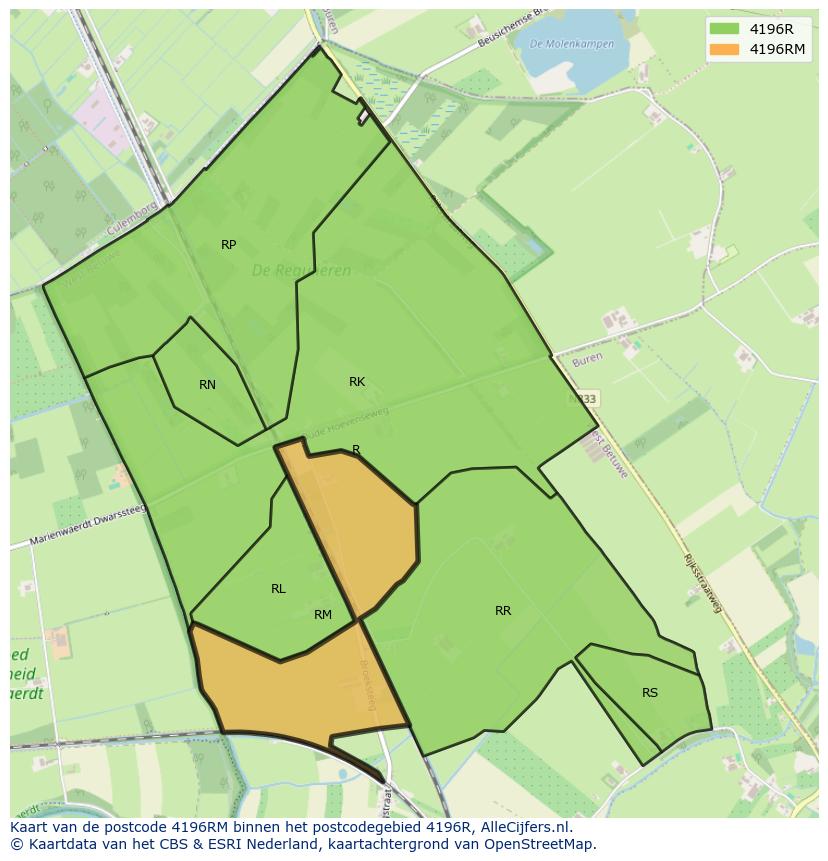 Afbeelding van het postcodegebied 4196 RM op de kaart.