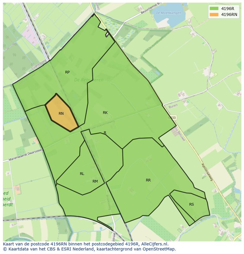Afbeelding van het postcodegebied 4196 RN op de kaart.