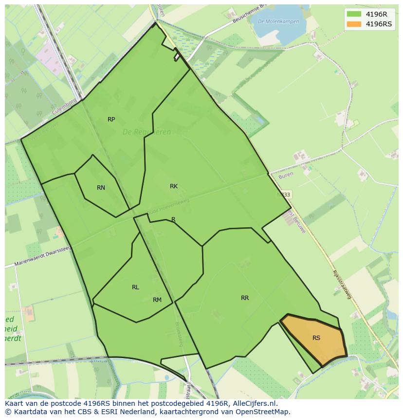 Afbeelding van het postcodegebied 4196 RS op de kaart.