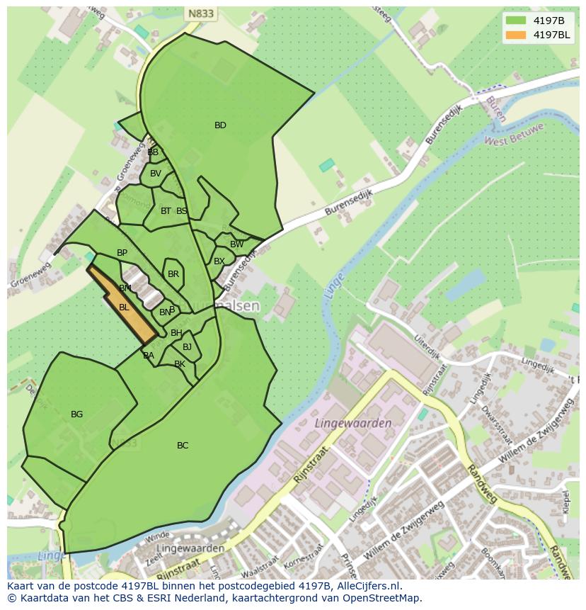 Afbeelding van het postcodegebied 4197 BL op de kaart.