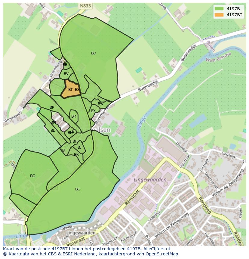 Afbeelding van het postcodegebied 4197 BT op de kaart.