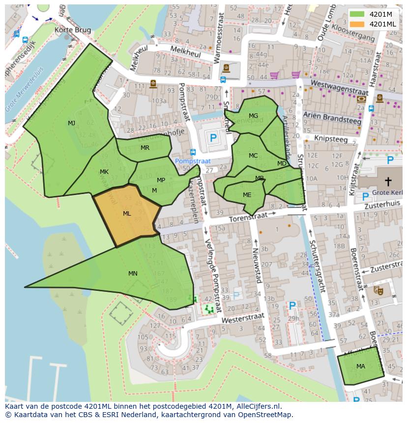 Afbeelding van het postcodegebied 4201 ML op de kaart.