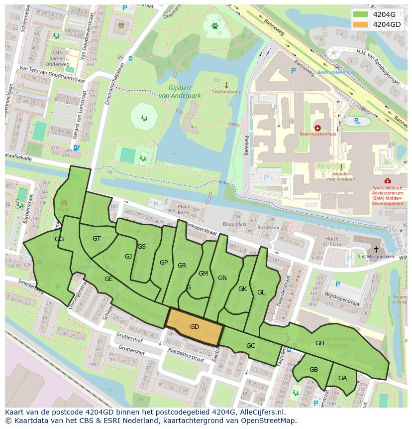 Afbeelding van het postcodegebied 4204 GD op de kaart.