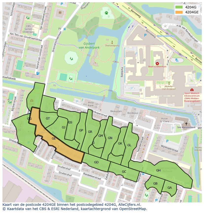 Afbeelding van het postcodegebied 4204 GE op de kaart.