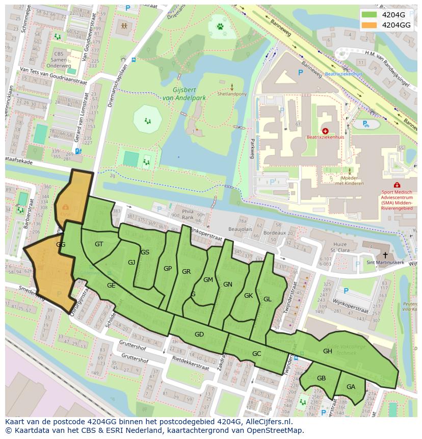 Afbeelding van het postcodegebied 4204 GG op de kaart.