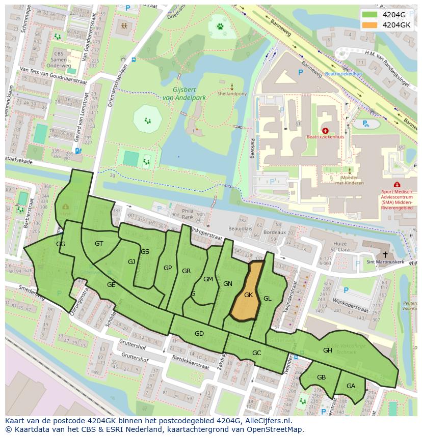 Afbeelding van het postcodegebied 4204 GK op de kaart.
