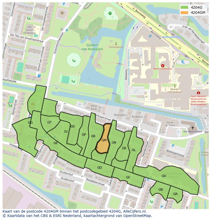 Afbeelding van het postcodegebied 4204 GM op de kaart.