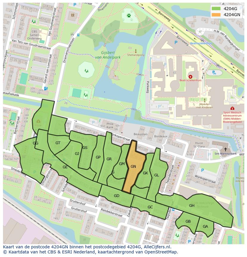 Afbeelding van het postcodegebied 4204 GN op de kaart.
